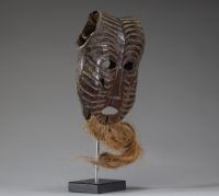 Afrique RDC - Rare ancien masque Lega / Warega en os plat de crâne de buffle et raphia, Congo RDC, 1ère moitié XXème.