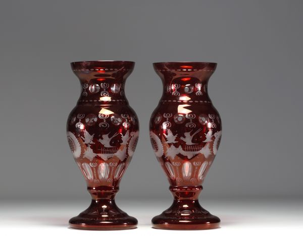 Pair of Medici-shaped garnet vases in Bohemian glassware.
