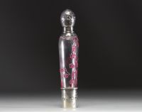 Val Saint Lambert - Rare multi-layered acid-etched glass bottle decorated with lily of the valley flowers, silver mounting, signature on the wheel under the piece.