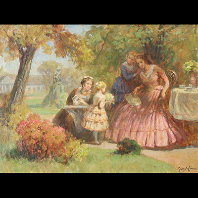 Imre GERGELY (1868–1914) Huile sur toile scène romantique dans un jardin arboré, animée de figures féminines
