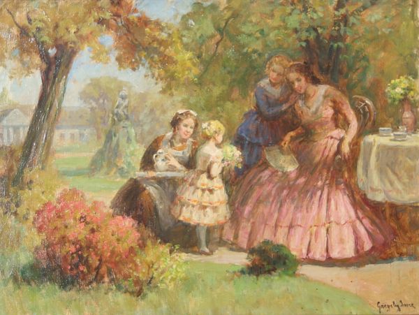 Imre GERGELY (1868–1914) Huile sur toile scène romantique dans un jardin arboré, animée de figures féminines