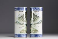 Chine - Paire de vases rouleaux à décor de paysage et poème