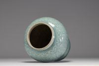 China - Pale green monochrome porcelain vase with floral decoration in relief, blue mark under the piece, 17th century.