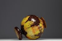Le Verre Français - Acid-etched multi-layered glass vase on pedestal decorated with a grape bowl, signed.