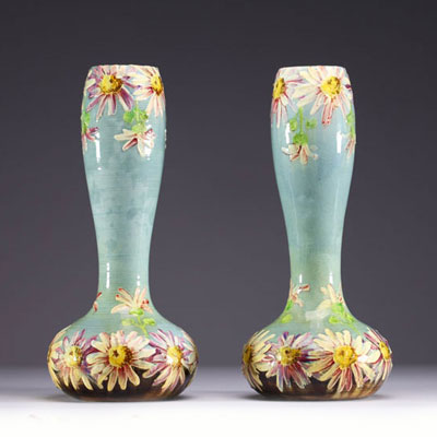 Pierre PERRET (XIX-XX) for Vallauris - Pair of Art Nouveau glazed ceramic vases with floral decoration, circa 1900.