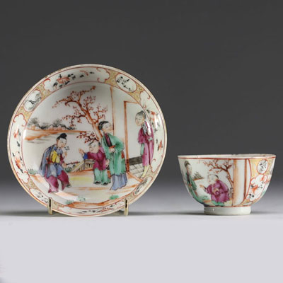 Chine - Bol et assiette en porcelaine polychrome à décor de personnages, époque Qianlong.