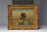 Franz COURTENS (1850-1943) ‘Village by the river’ Oil on canvas, signed.