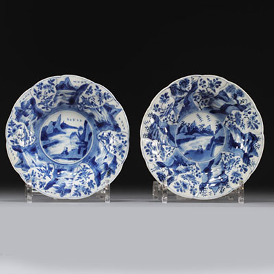 Chine - Paire d'assiettes en porcelaine blanc bleu à décor floral, d'époque Kangxi.