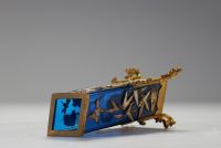 Maison Alphonse GIROUX - Blue glass and bronze japanese vase richly decorated with bronze and silver flowers and insects, signed.