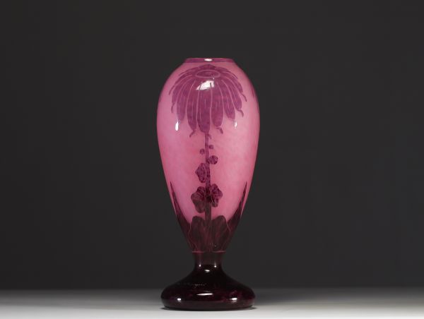 Le Verre Français - Acid-etched multi-layer glass vase decorated with dahlias, signed.