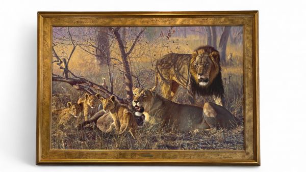 ohn E. BANOVICH (né en 1964) – Famille de lions dans la savane, huile sur toile