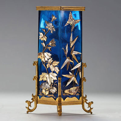 Maison Alphonse GIROUX - Blue glass and bronze japanese vase richly decorated with bronze and silver flowers and insects, signed.