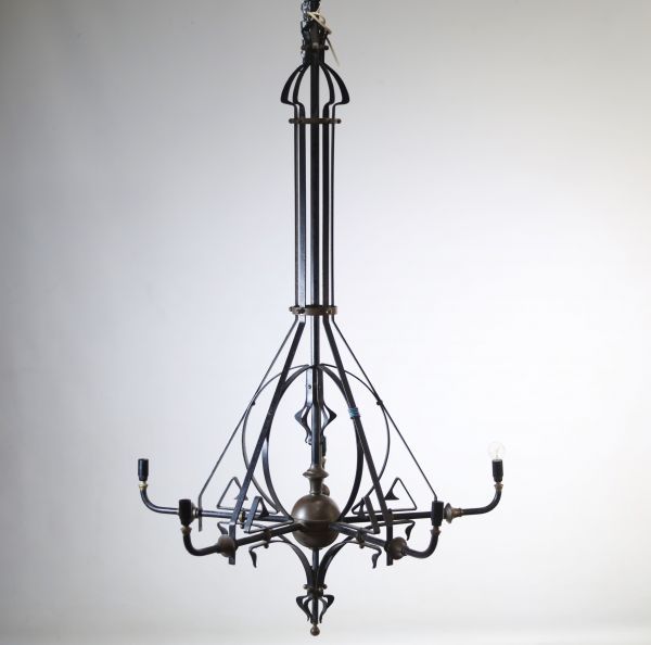 Wrought iron and brass Art Nouveau chandelier, Belgian work circa 1896-1899.