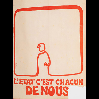 Mai 68 – L’État, c’est chacun de nous  Affiche originale réalisée en sérigraphie couleur orange. École Nle Supérieure des Beaux-Arts, toute sa marge non coupée, traces de plis, manque le coin inférieur droit. Non entoilée  59X42,5 cm