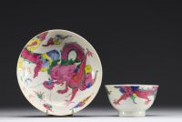 China - Bowl and plate in pink family polychrome porcelain decorated with dragons.