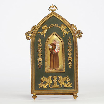 Panneau de dévotion de style Empire en bronze et laiton doré, porcelaine peinte  style empire , France, fin XIXe - début XXe siècle