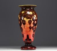 Le Verre Français - Acid-etched multi-layered glass vase with oak decor, signed.