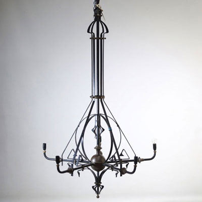 Wrought iron and brass Art Nouveau chandelier, Belgian work circa 1896-1899.