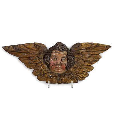 Tête d’ange ailée en bois sculpté, polychromé et doré – XVIIe siècle École espagnole ou italienne (attribuée) – Sculpture baroque religieuse.