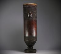 Africa DRC - Ceremonial Kuba drum in carved wood and skin.