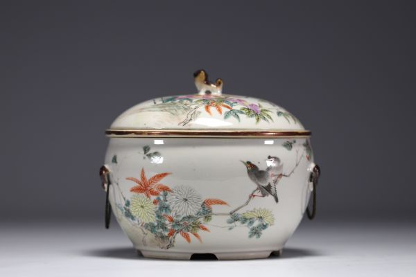 China - Rare Qianjiang Cai porcelain covered terrine decorated with birds, artist's signature.