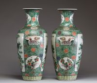 Chine - Paire de vases en porcelaine polychrome famille verte à décor d'oiseaux en cartouches sur un fond fleuri, XIXème.