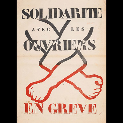 Mai 68 – Solidarité avec les ouvriers en grève  Affiche originale réalisée en sérigraphie deux couleurs rouge et noir. École Nle Supérieure des Beaux-Arts, toute sa marge non coupée, traces de plis, petites déchirures dans les marges, sujet intact. Non entoilée  85X62 cm