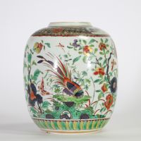 Vase en porcelaine de Chine famille verte à décor polychrome de phénix, pivoines et rochers percés, dynastie Qing, style Kangxi 