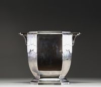 Augustin SOLAGGIO (XIX-XX) Art Deco champagne bucket and stand in silver-plated metal and ebony, goldsmith's hallmark.