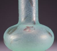 DAUM Nancy - High vase in frosted acid-etched green glass, decorated with flowers, signed under the base, circa 1900.