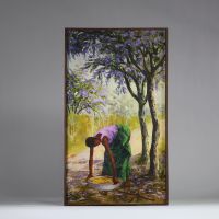 Huile sur toile de « Papa » KAHILU ( Georges Kahilu Manika 1943-2021)  - Jacaranda-  Diplomé en Zambie à « l’Africa littérature center » de Kitwe en 1966. Il gagne ensuite la ville de Lubumbashi qu’il ne quittera plus. Il s’installe comme artiste indépendant en 1974. Il passe très vite des œuvres sur papier à une peinture à l’huile sur toile au couteau. Il aime à peindre la vie quotidienne des con