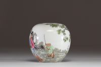 China - Pink family polychrome porcelain vase decorated with characters and poem, Republic period.