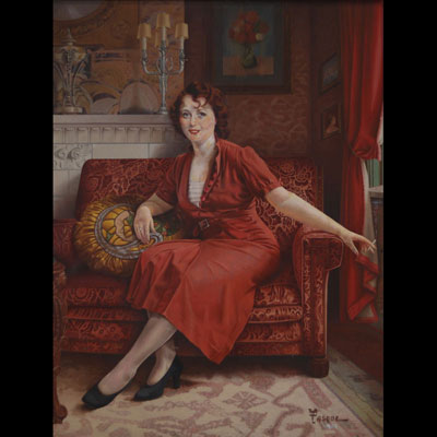 Hubert TASQUE (XX) ‘Dame en robe rouge’ Oil on canvas, signed.