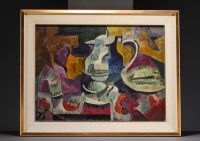 Cubist composition, still life, unsigned oil on canvas, circa 1940.