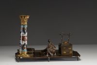 Japan - Cloisonné bronze desk set including inkwell, penholder and candlestick, Meiji period, 19th century.