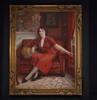 Hubert TASQUE (XX) ‘Dame en robe rouge’ Oil on canvas, signed.