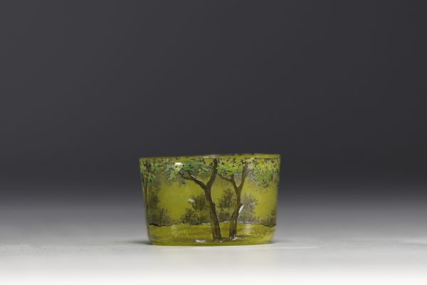 DAUM Nancy - Saleron in acid-etched and enamelled multi-layered glass with forest décor, signed.