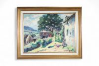José Wolff (1902-1980) Grande huile sur toile – École liégeoise – Paysage de maisons  Huile sur toile signée en bas à droite par José Wolff (1902-1980), artiste belge reconnu de l’école liégeoise. Cette composition lumineuse représente un paysage rural animé de maisons traditionnelles, baignant sous un large arbre, avec une belle profondeur de champ et une palette vibrante.