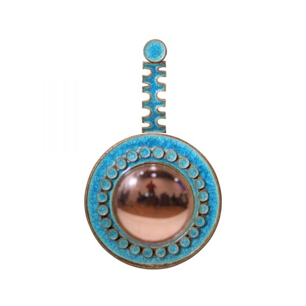Gyula Végvàri, miroir convexe en verre rosé et encadrement en céramique émaillée bleu turquoise 1960