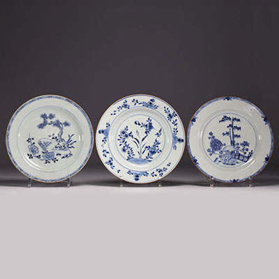 China - Set of three blue-white porcelain plates with floral decoration, 18th century