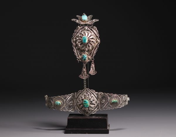 Set of oriental jewellery (bracelet and pendant) in filigree silver-plated copper.