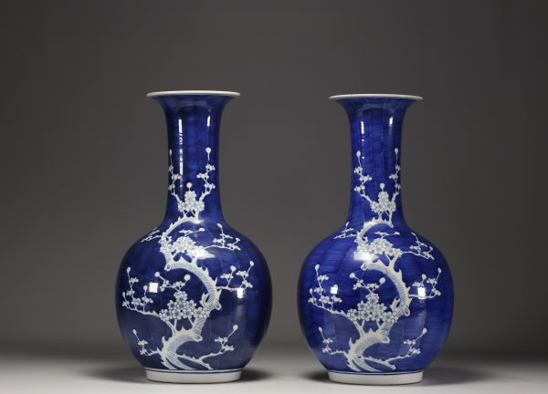 China - Pair of blue-white porcelain vases with prunus decoration, late 19th century.