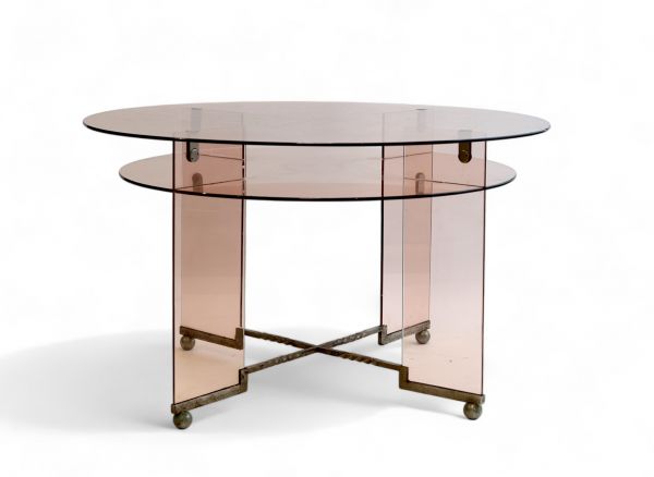 René André COULON (1908-1997) for Saint Gobin - Modernist table in pink satin-finish glass and metal, circa 1930.