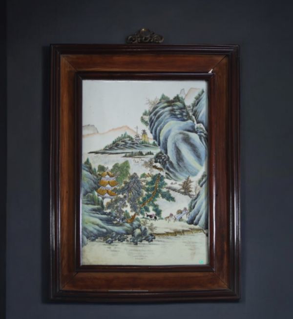 China - Large polychrome porcelain plate decorated with a mountain landscape, Republic period.