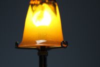 DAUM Nancy - Art Nouveau lamp in forged metal with plant decoration, globe in translucent coloured glass, signed.