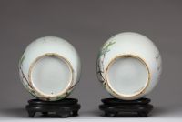 Chine - Paire de pots couverts en porcelaine polychrome Qianjiang cai à décor d'oiseaux et de pivoines, vers 1900.