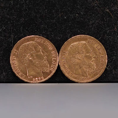 Set of two Leopold II 20 franc gold coins of 1869 and 1878.