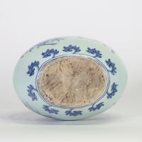 Chine, rare gourde de pèlerin en porcelaine bleu et blanc à décor d’oiseaux sur branches fleuries, dynastie Qing, probablement époque Qianlong (1736–1795).