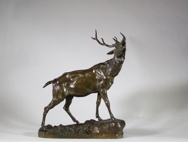 Charles Valton (1851-1918) – Importante sculpture animalière en bronze : Le Brâme du cerf