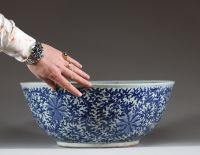Chine - Imposant bassin en porcelaine blanc bleu à décor floral intérieur et extérieur, période Qing.